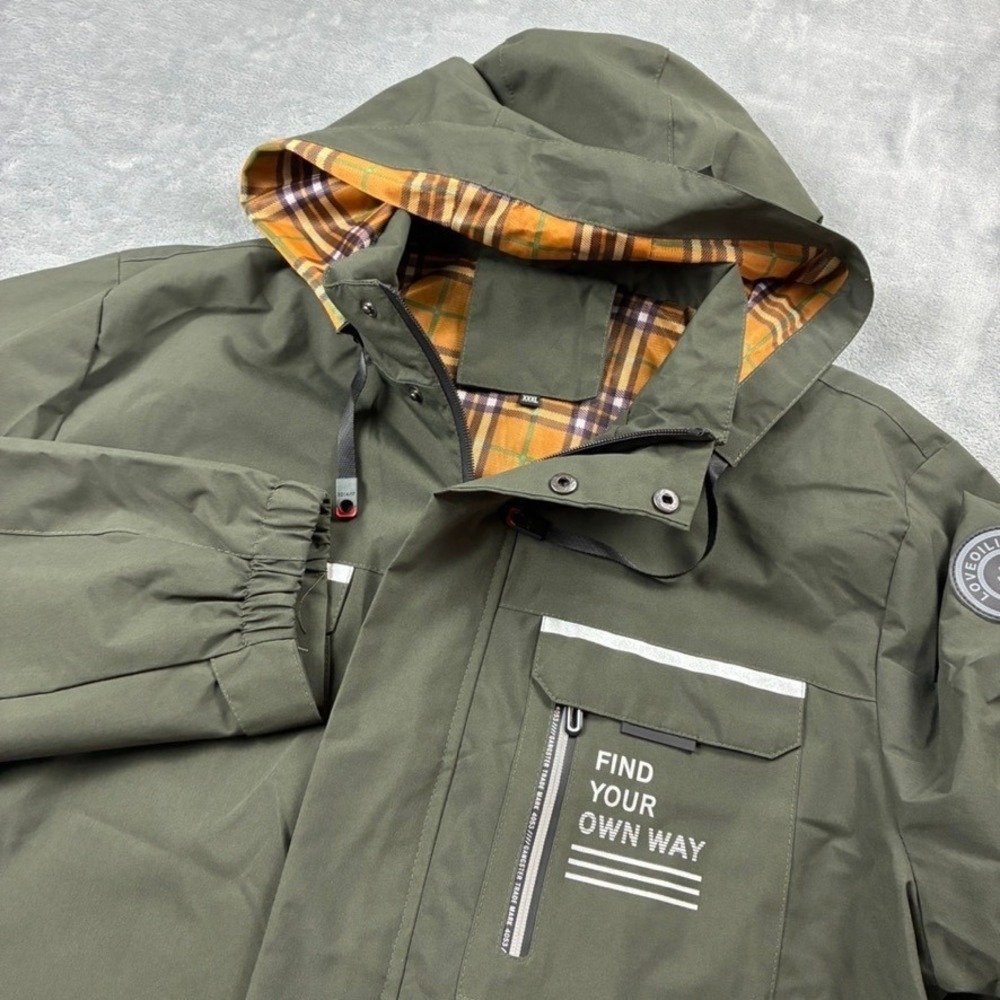 Loveoilife LDTNOR Olive Green Hooded Field Jacket Plaid Lining XXL Reflective - Picture 2 of 16